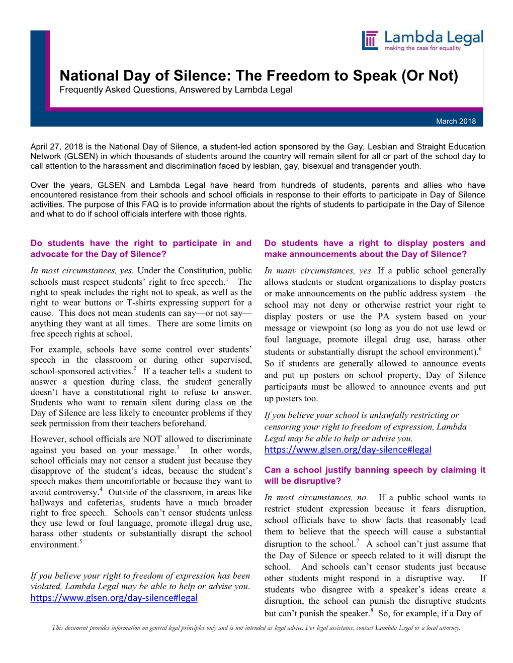 National Day of Silence: the Freedom to Speak (Or Not) Frequently Asked Questions, Answered by Lambda Legal