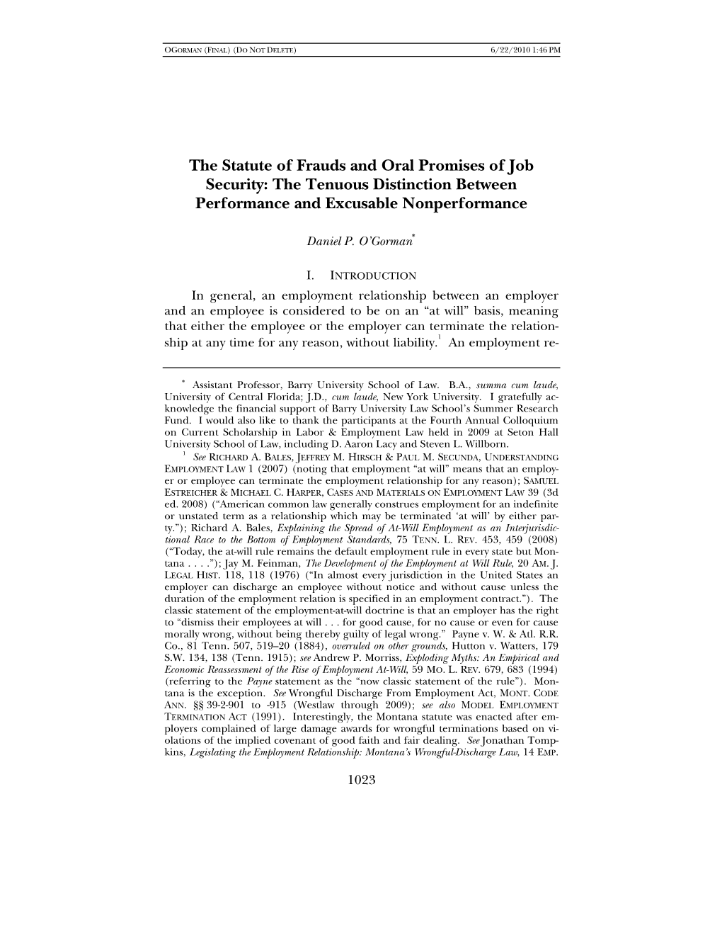 The Statute of Frauds and Oral Promises of Job Security: the Tenuous Distinction Between Performance and Excusable Nonperformance