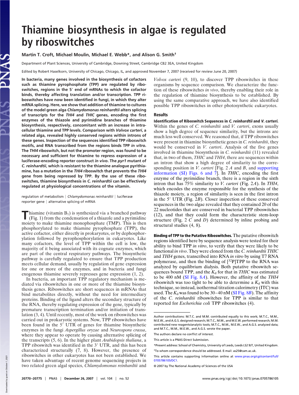 Thiamine Biosynthesis in Algae Is Regulated by Riboswitches