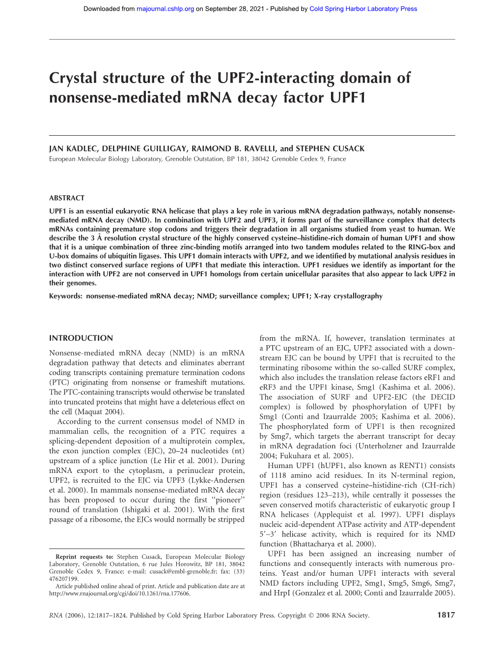 Crystal Structure of the UPF2-Interacting Domain of Nonsense-Mediated Mrna Decay Factor UPF1