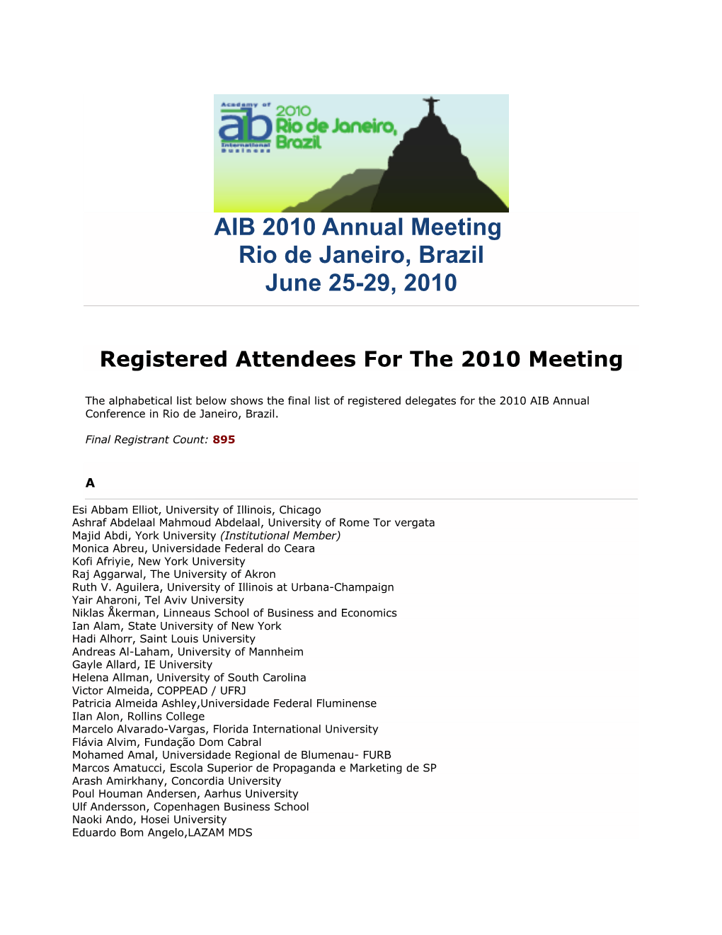 AIB 2010 Annual Meeting Rio De Janeiro, Brazil June 25-29, 2010