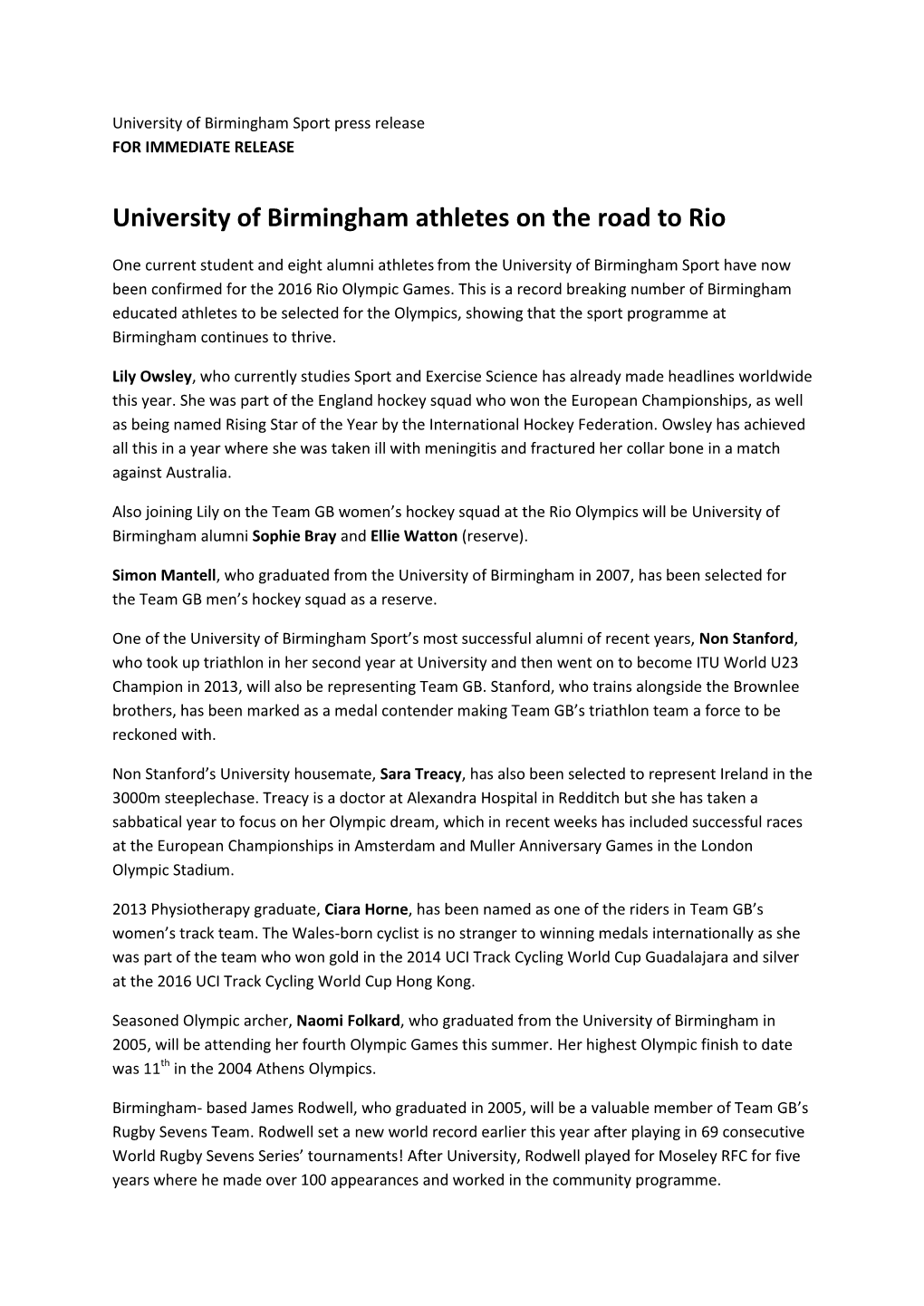 University of Birmingham Athletes on the Road to Rio