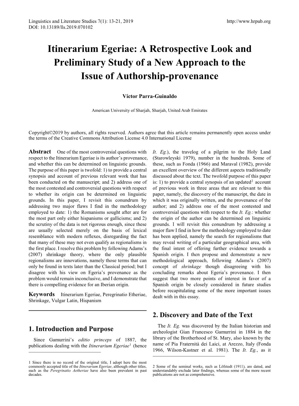 Itinerarium Egeriae: a Retrospective Look and Preliminary Study of a New Approach to the Issue of Authorship-Provenance