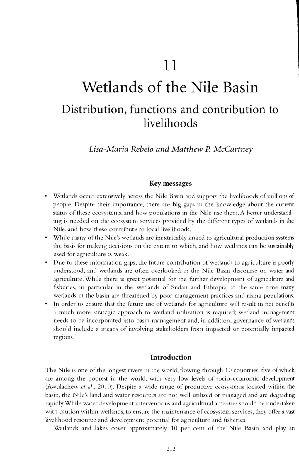 Wetlands of the Nile Basin the Many Eco for Their Liveli This Chapt Distribution, Functions and Contribution to Contribution Livelihoods They Provide