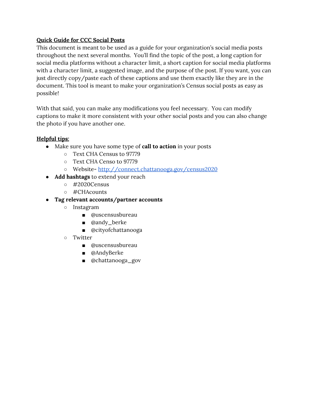 Quick Guide for CCC Social Posts This Document Is Meant to Be Used As a Guide for Your Organization’S Social Media Posts Throughout the Next Several Months