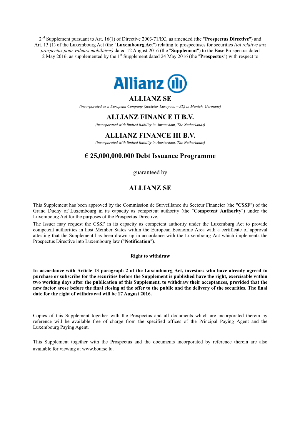 Allianz Se Allianz Finance Ii B.V. Allianz