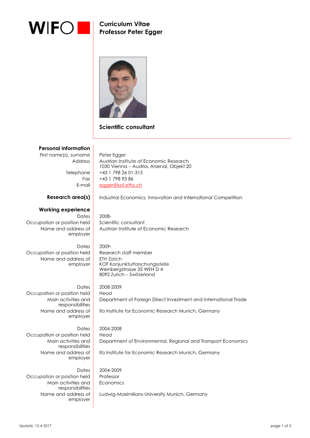 Curriculum Vitae Professor Peter Egger