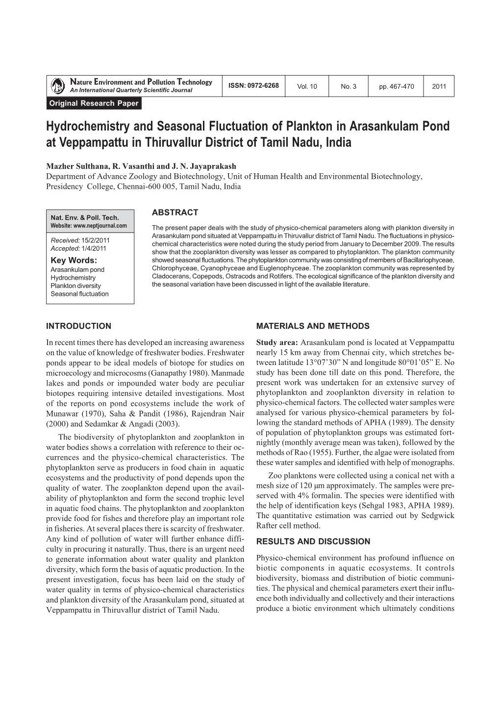 Hydrochemistry and Seasonal Fluctuation of Plankton in Arasankulam Pond at Veppampattu in Thiruvallur District of Tamil Nadu, India