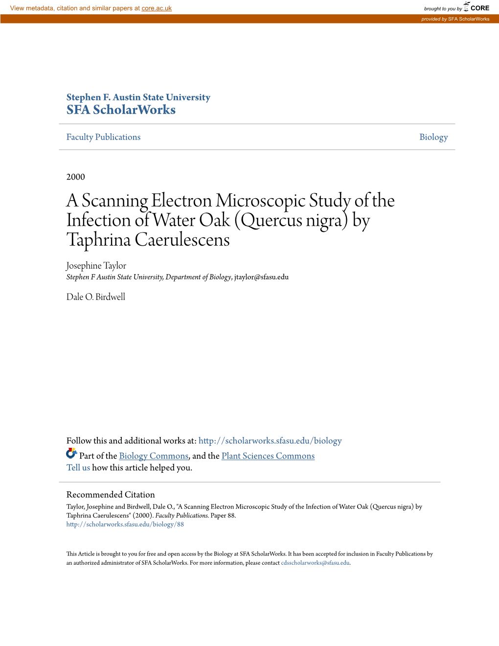 A Scanning Electron Microscopic Study of the Infection of Water Oak (Quercus Nigra) by Taphrina Caerulescens