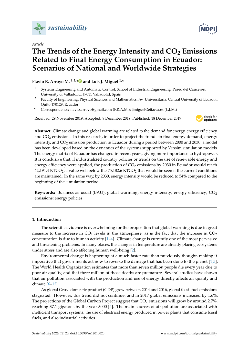 The Trends of the Energy Intensity and CO2 Emissions Related to Final Energy Consumption in Ecuador: Scenarios of National and Worldwide Strategies