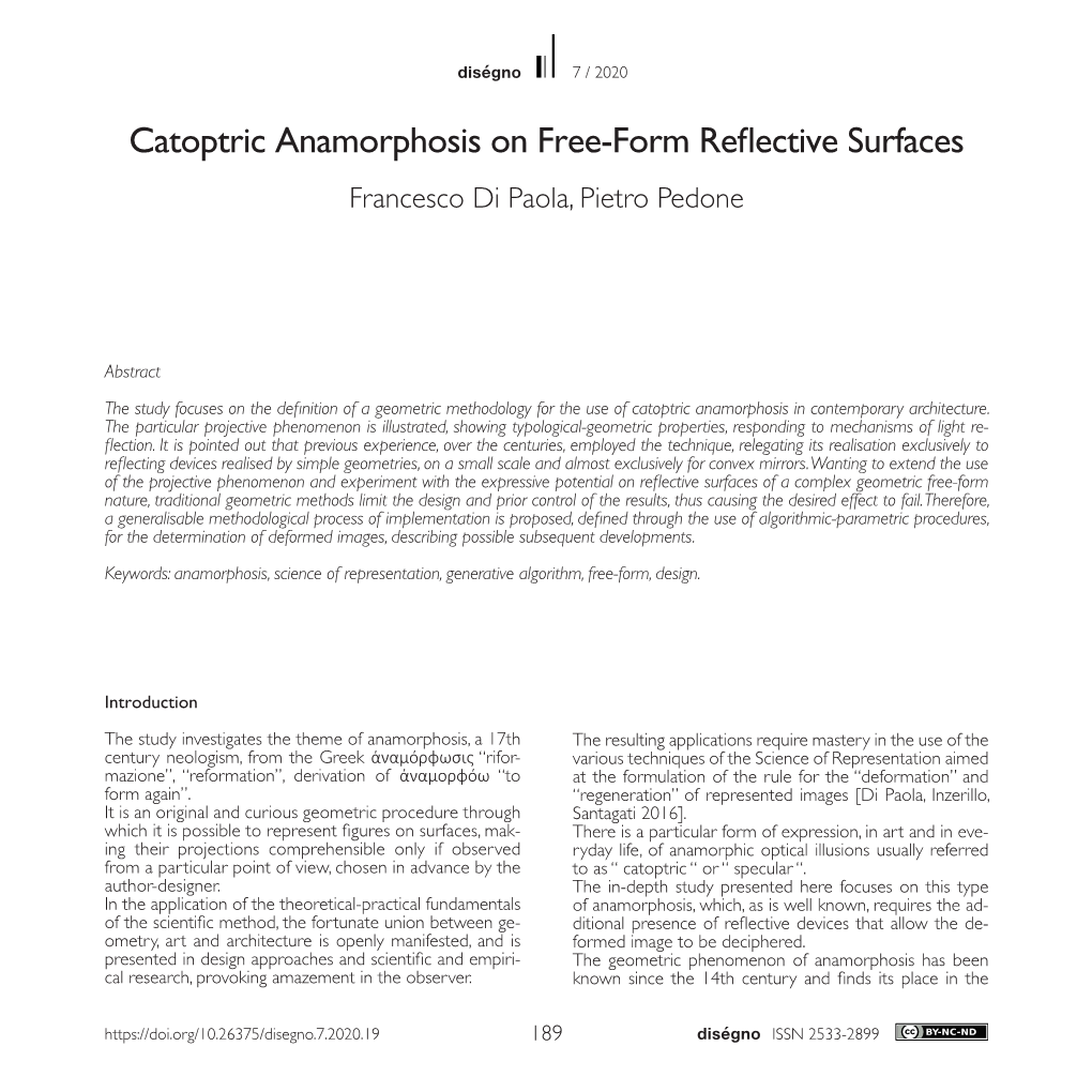 Catoptric Anamorphosis on Free-Form Reflective Surfaces Francesco Di Paola, Pietro Pedone