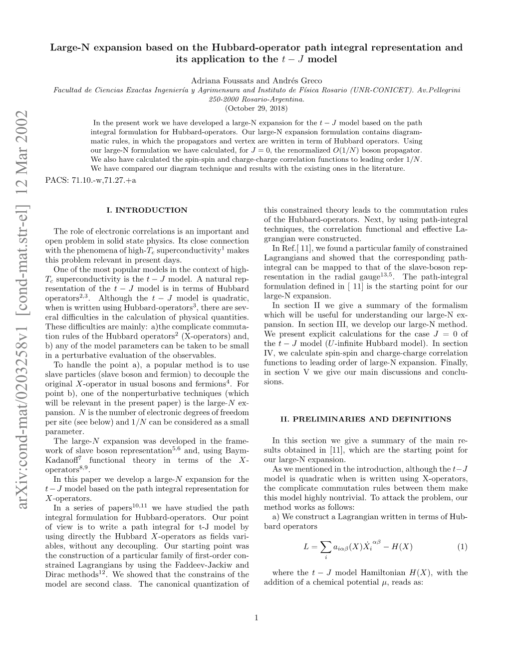 Arxiv:Cond-Mat/0203258V1 [Cond-Mat.Str-El] 12 Mar 2002 AS 71.10.-W,71.27.+A PACS: Pnpolmi Oi Tt Hsc.Iscoeconnection Close Its High- of Physics