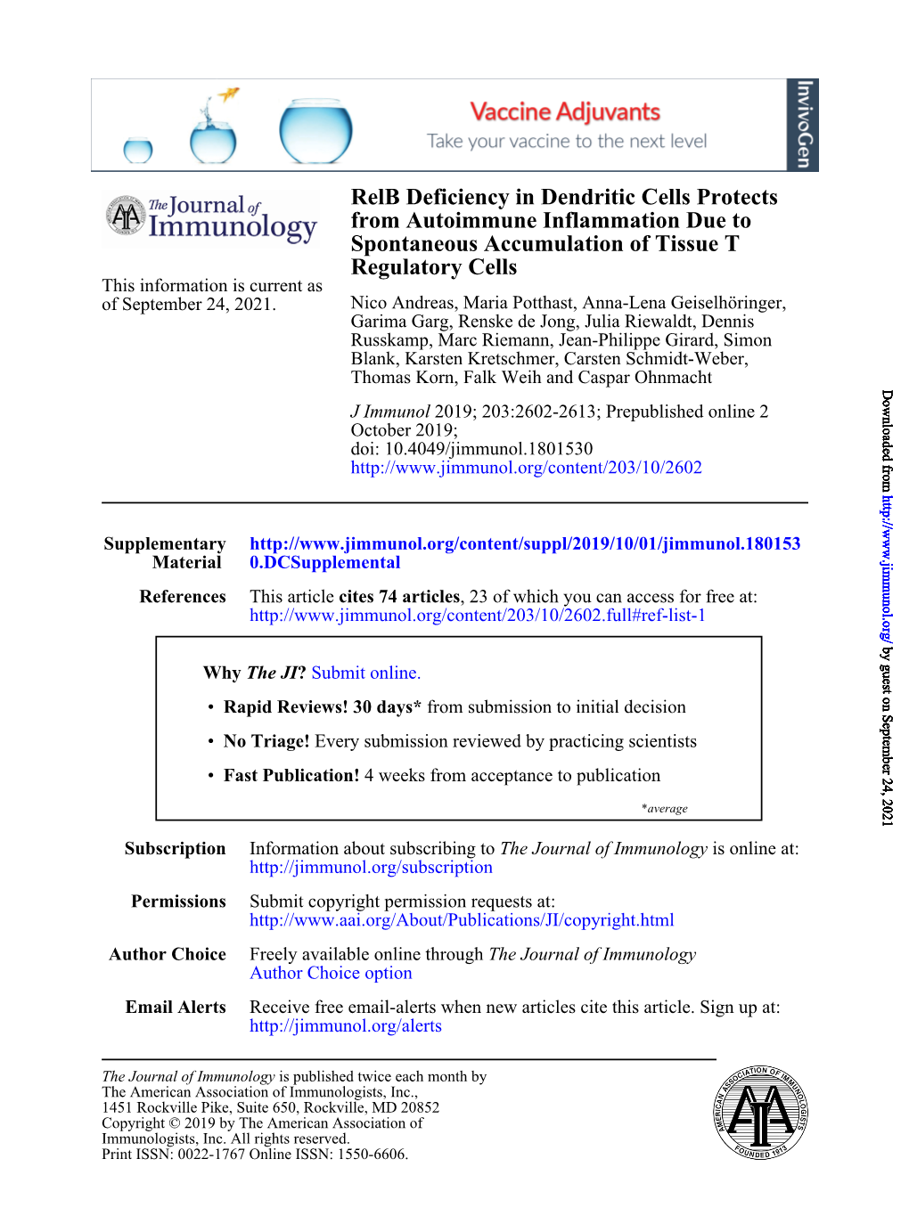 Relb Deficiency in Dendritic Cells Protects from Autoimmune