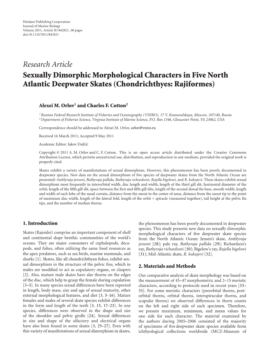 Sexually Dimorphic Morphological Characters in Five North Atlantic Deepwater Skates (Chondrichthyes: Rajiformes)