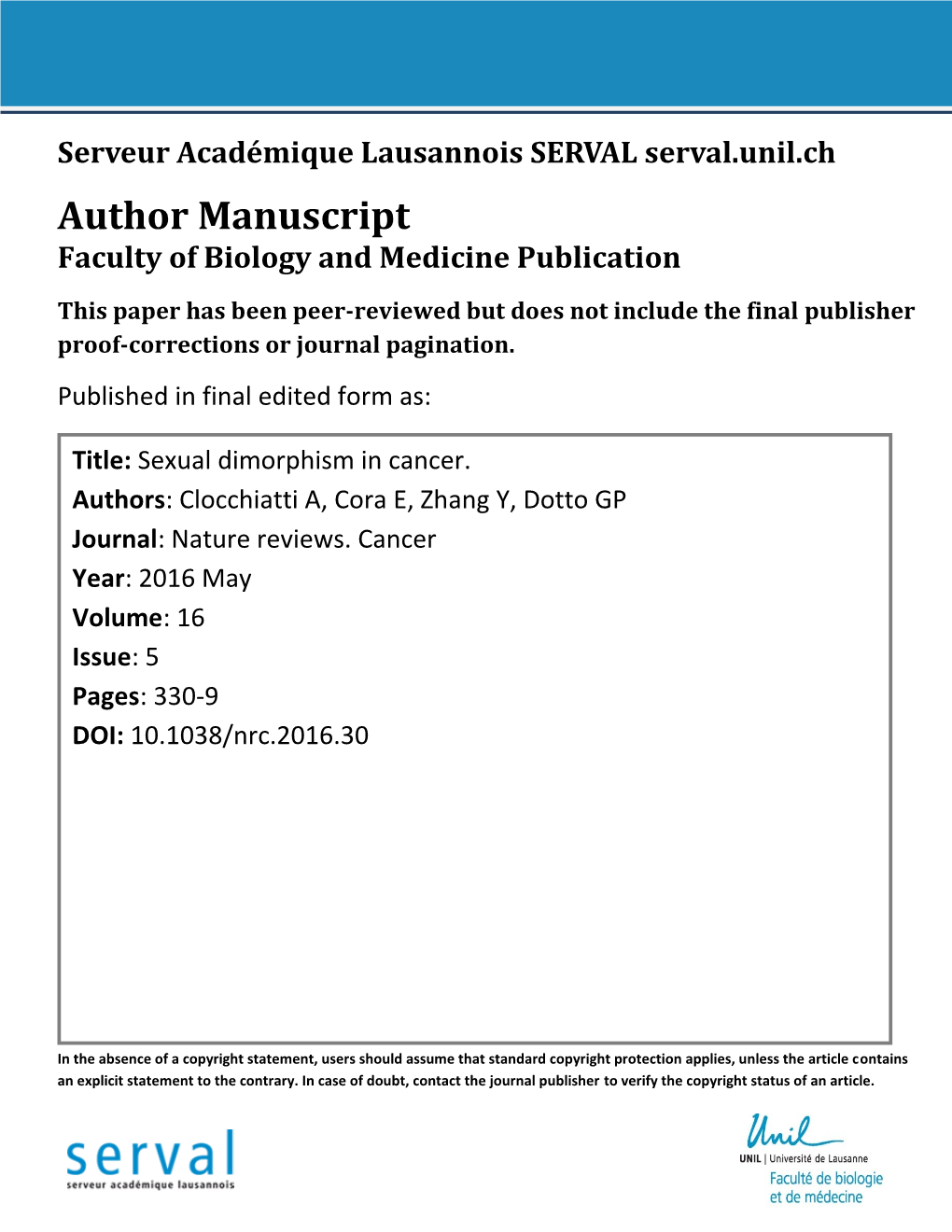 Author Manuscript Faculty of Biology and Medicine Publication