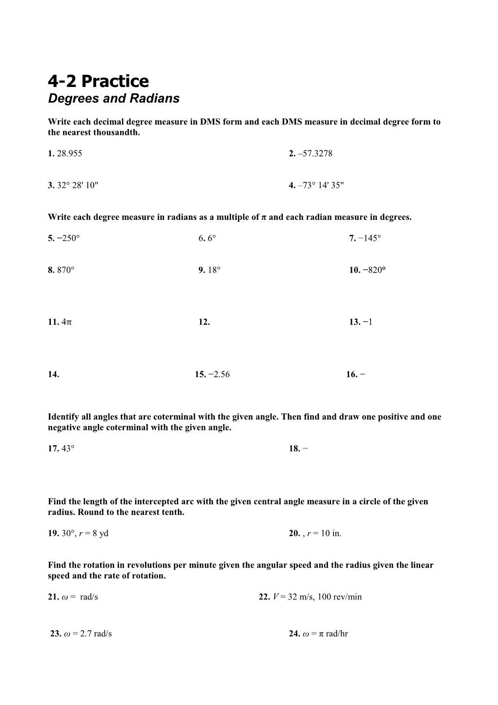 Write Each Degree Measure in Radians As a Multiple of Π and Each Radian Measure in Degrees