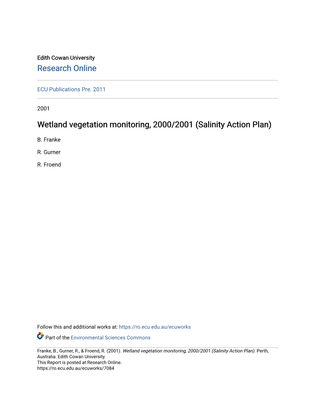 Wetland Vegetation Monitoring, 2000/2001 (Salinity Action Plan)