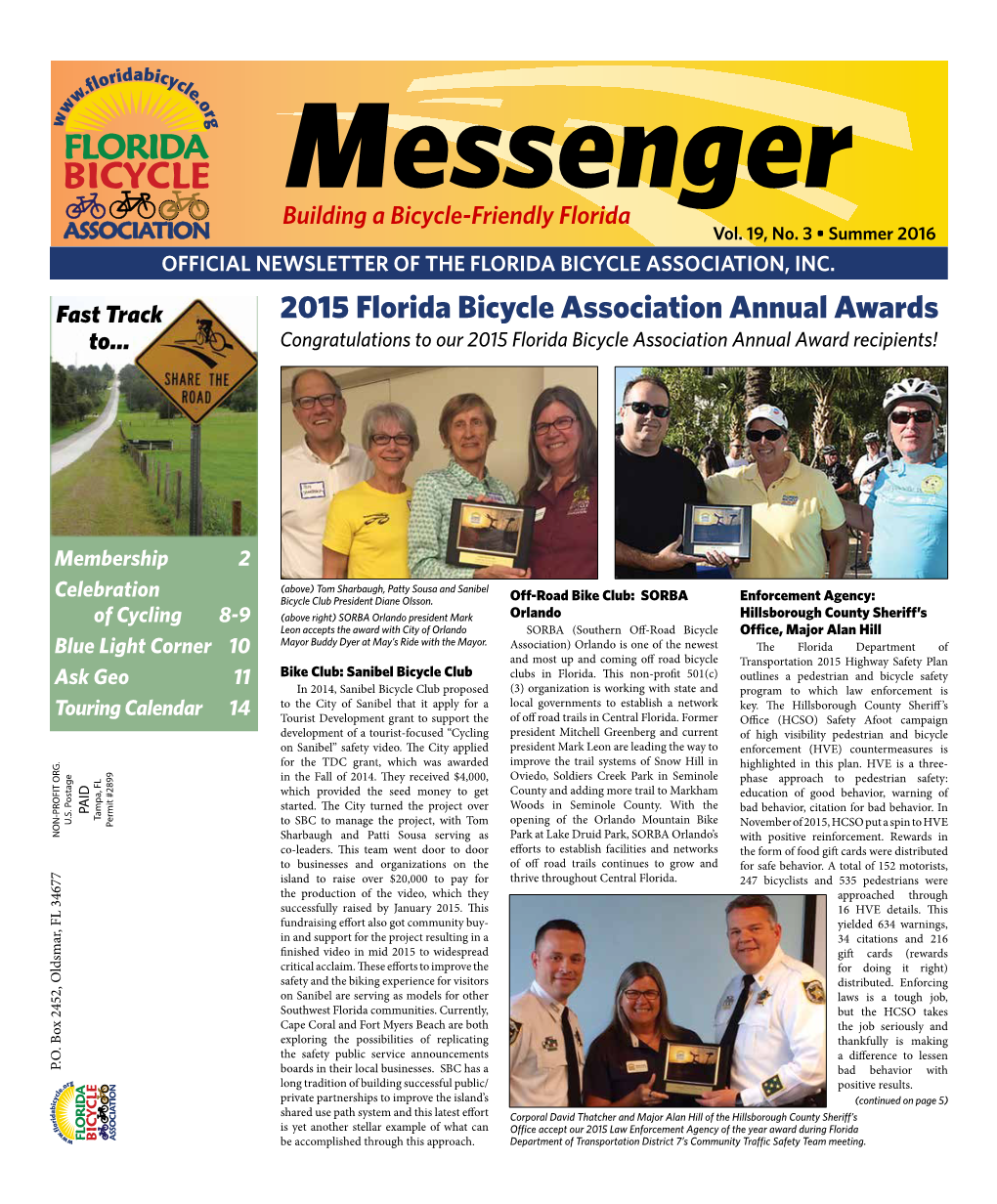 Summer 2016 OFFICIAL NEWSLETTER of the FLORIDA BICYCLE ASSOCIATION, INC