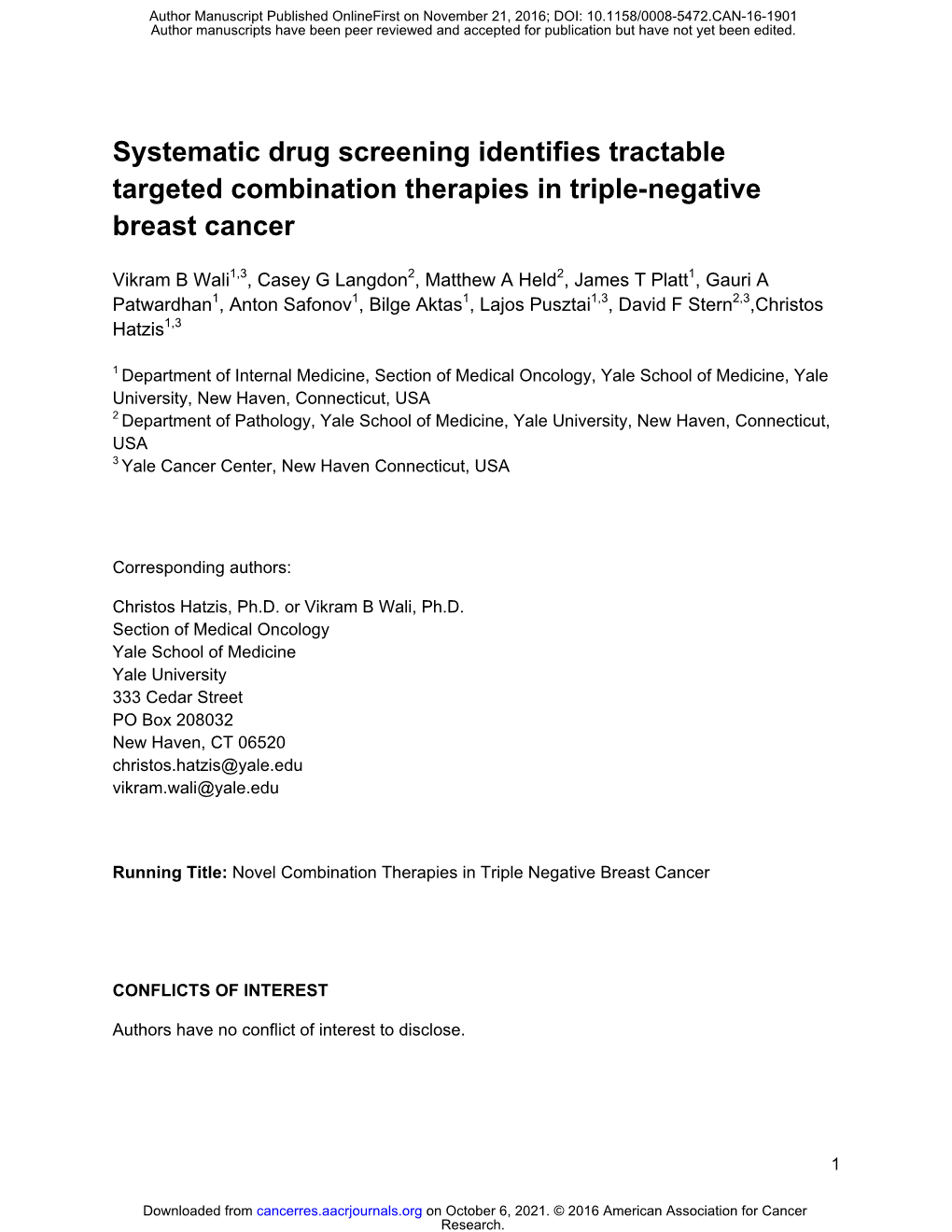 Systematic Drug Screening Identifies Tractable Targeted Combination Therapies in Triple-Negative Breast Cancer