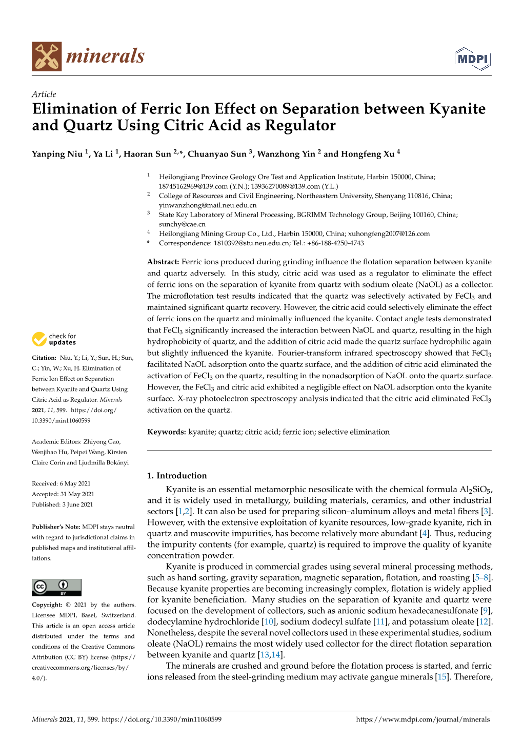 Elimination of Ferric Ion Effect on Separation Between Kyanite and Quartz Using Citric Acid As Regulator