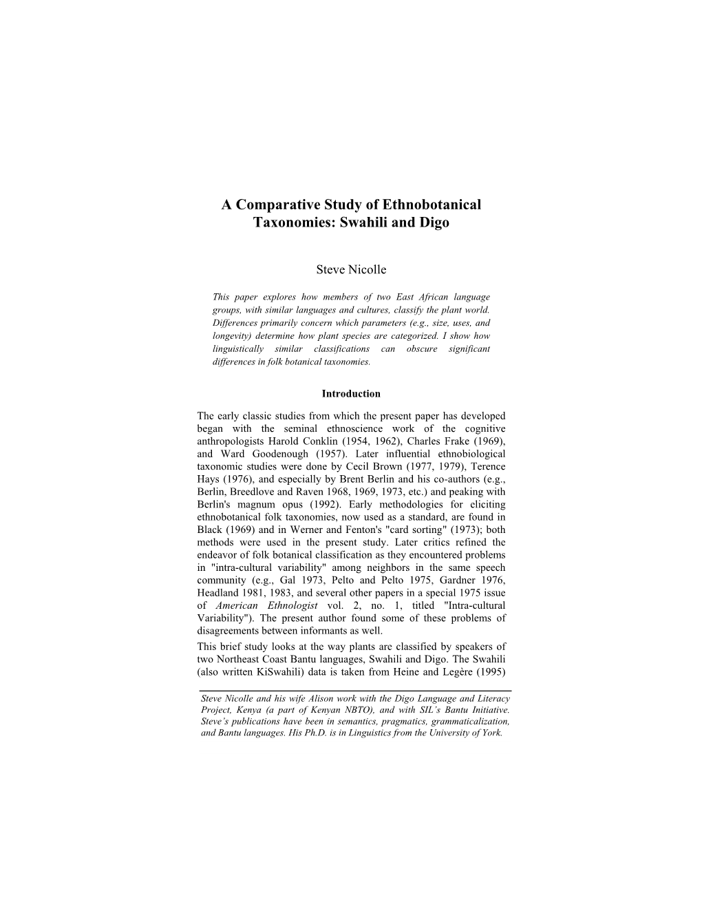 A Comparative Study of Ethnobotanical Taxonomies: Swahili and Digo