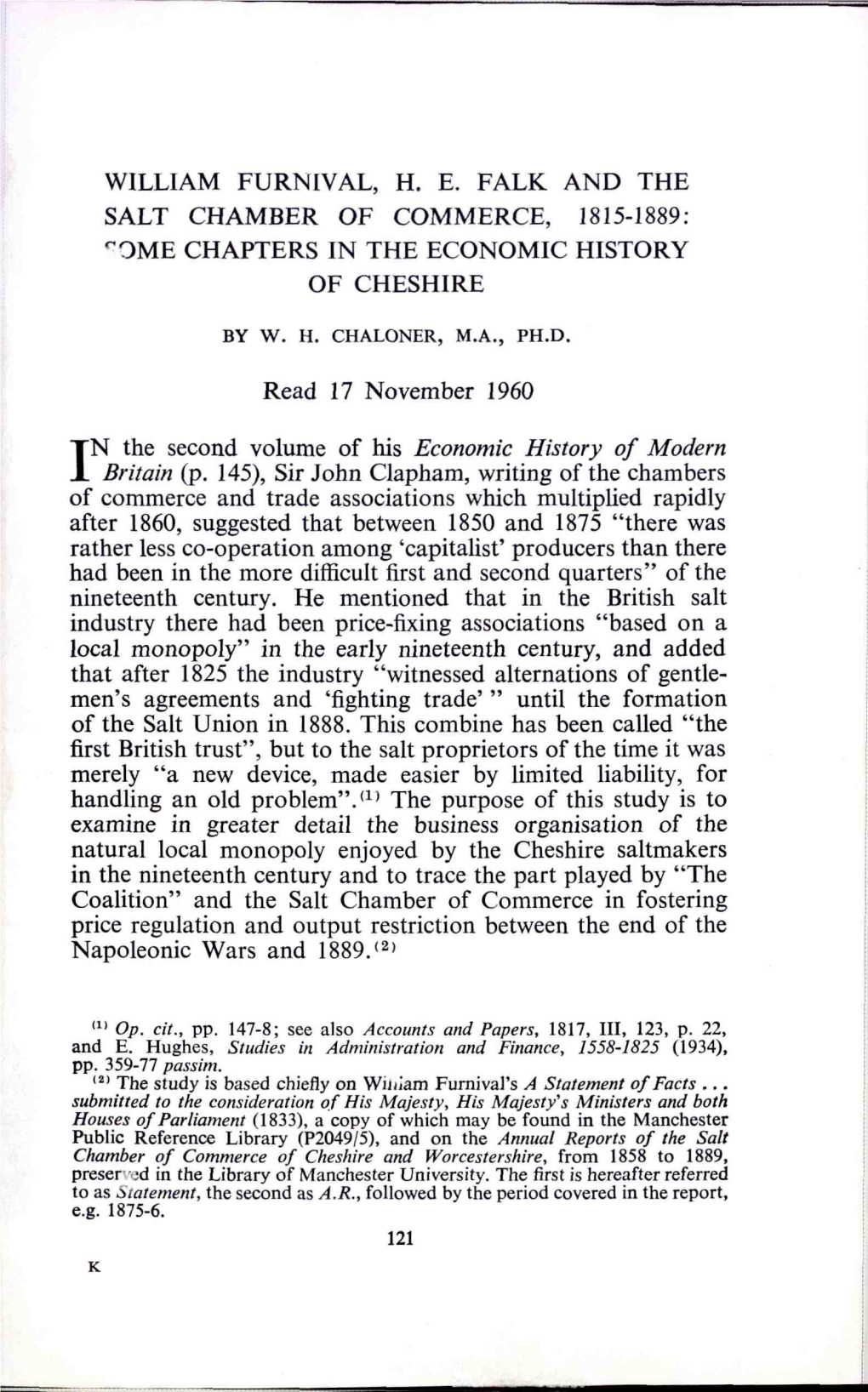 William Furmval, H. E. Falk and the Salt Chamber of Commerce, 1815-1889: "Ome Chapters in the Economic History of Cheshire