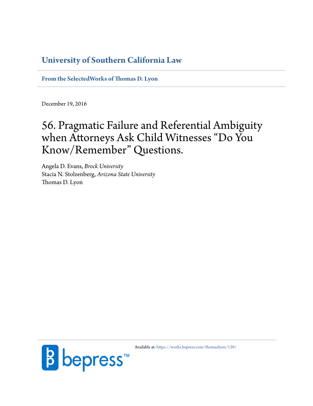 56. Pragmatic Failure and Referential Ambiguity When Attorneys Ask Child Witnesses “Do You Know/Remember” Questions