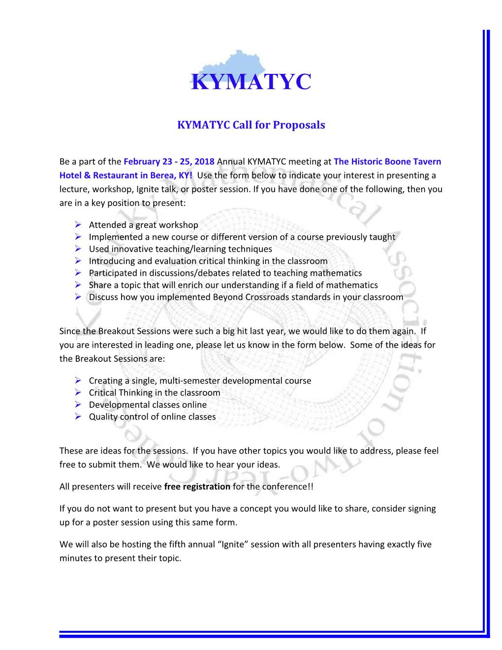 KYMATYC Call for Proposals