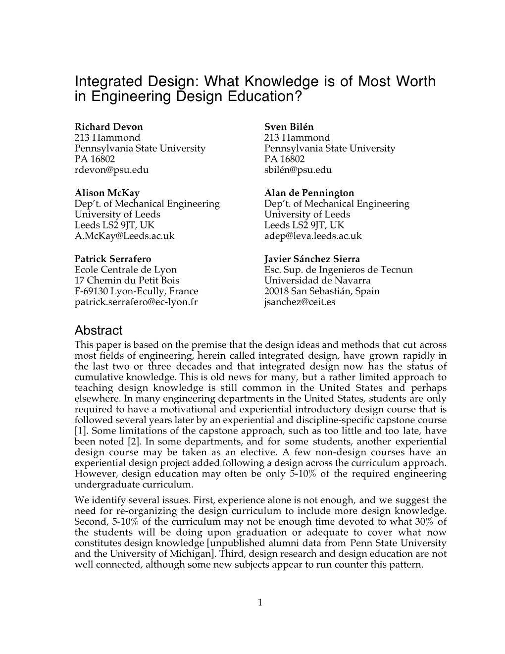 What Knowledge Is of Most Worth in Engineering Design Education?