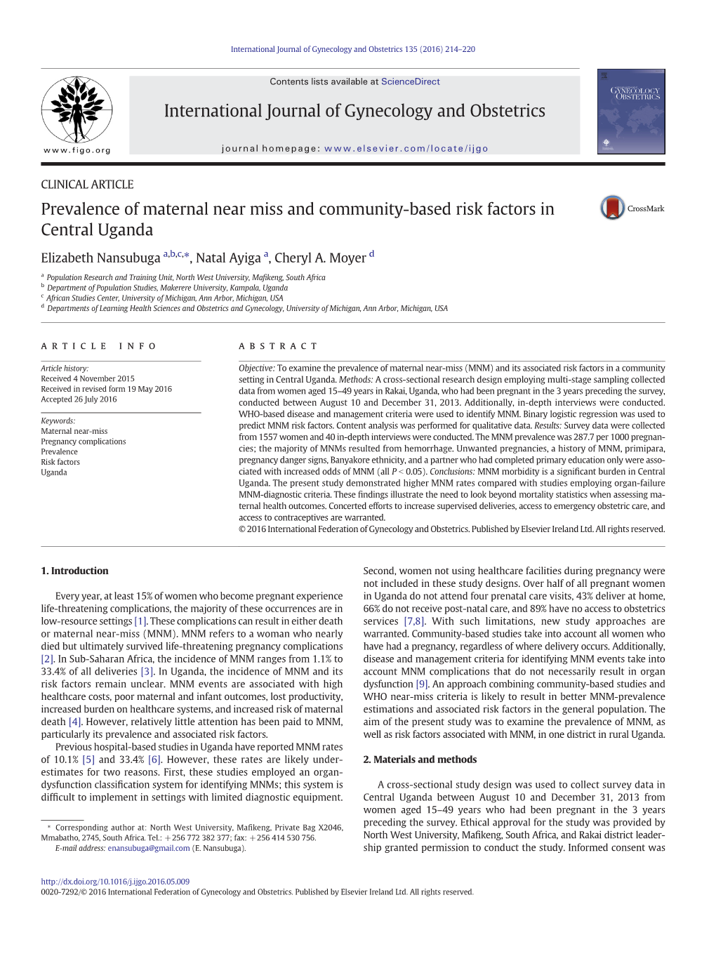 Prevalence of Maternal Near Miss and Community-Based Risk Factors in Central Uganda