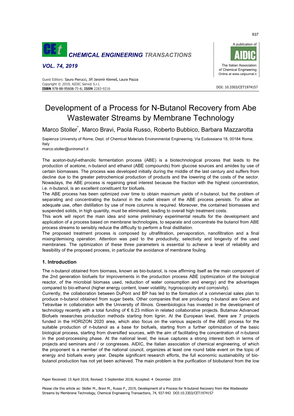 Development of a Process for N-Butanol Recovery from Abe