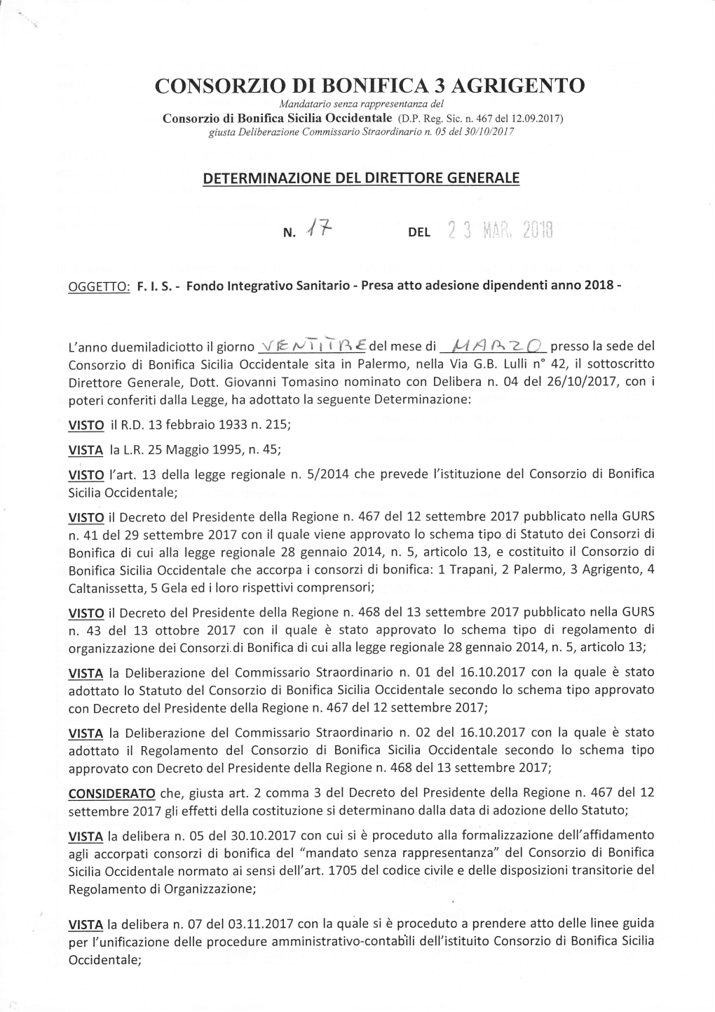 COI{SORZIO DI BONIFICA 3 AGRIGENTO Mandatario S Enza Rappresentanza Del Consorzio Di Bonilica Sicilia Occidentale (D.P