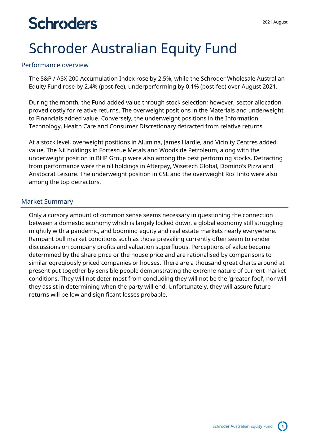 Schroder Australian Equity Fund Performance Overview