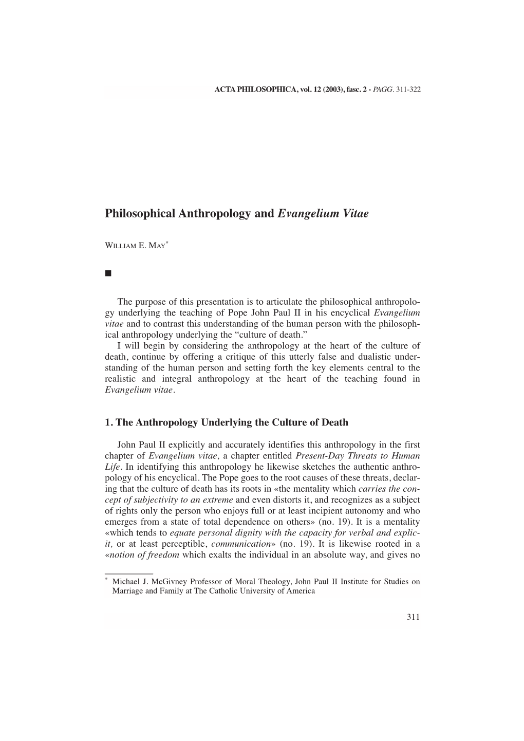 Philosophical Anthropology and Evangelium Vitae