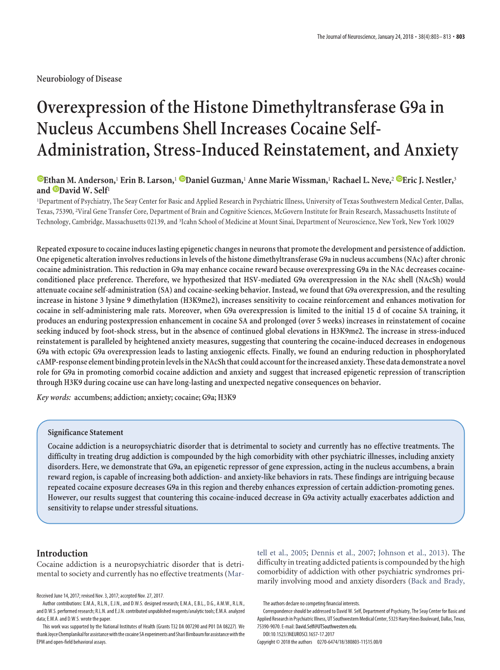 Overexpression of the Histone Dimethyltransferase G9a in Nucleus Accumbens Shell Increases Cocaine Self- Administration, Stress-Induced Reinstatement, and Anxiety
