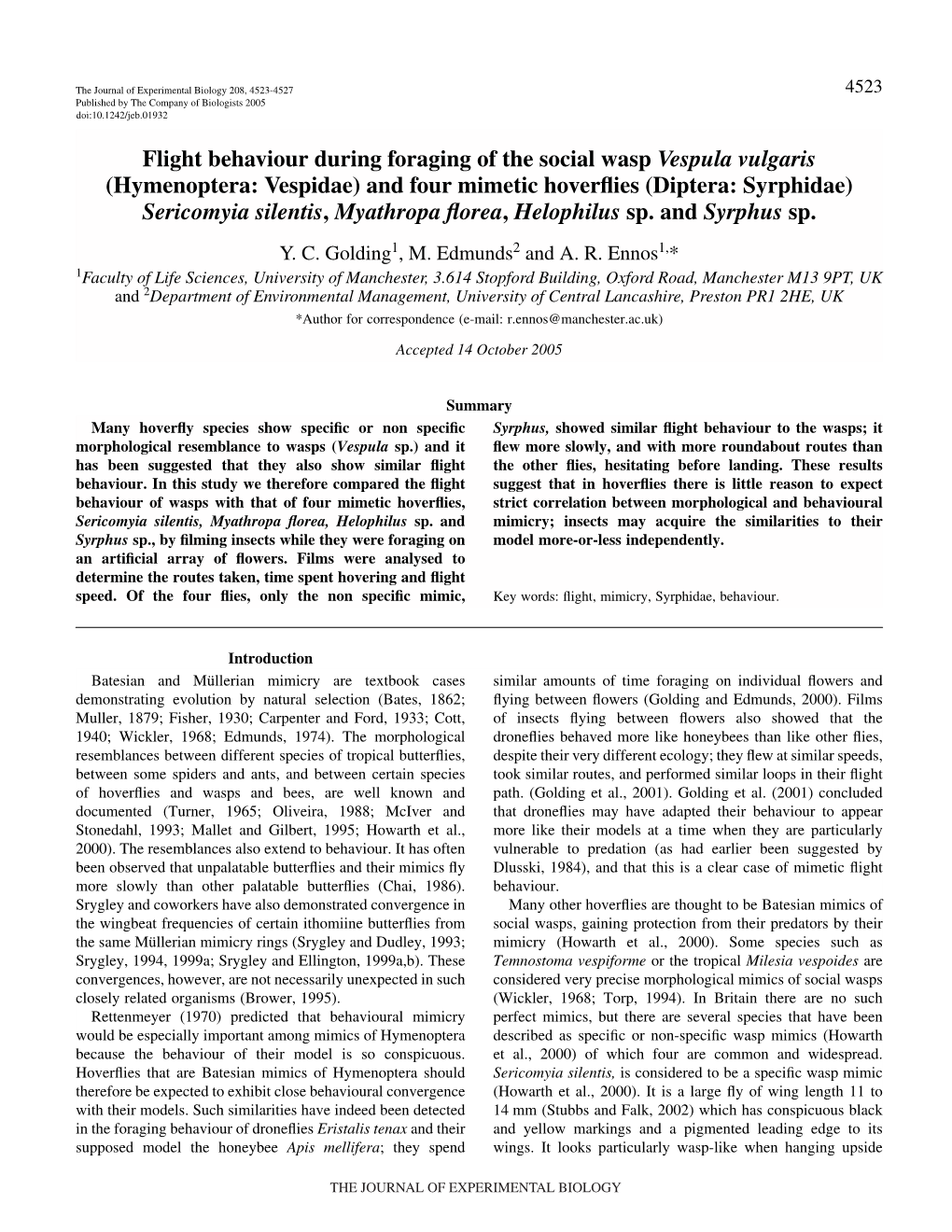 Flight Behaviour During Foraging of the Social Wasp Vespula Vulgaris