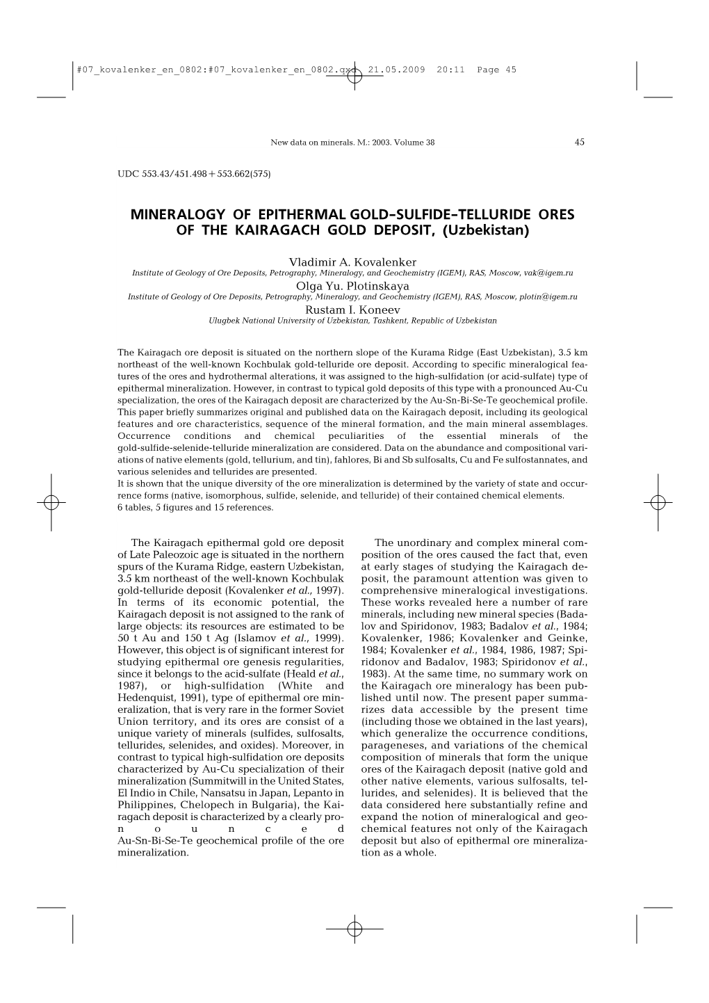 MINERALOGY of EPITHERMAL GOLD SULFIDE TELLURIDE ORES of the KAIRAGACH GOLD DEPOSIT, (Uzbekistan)