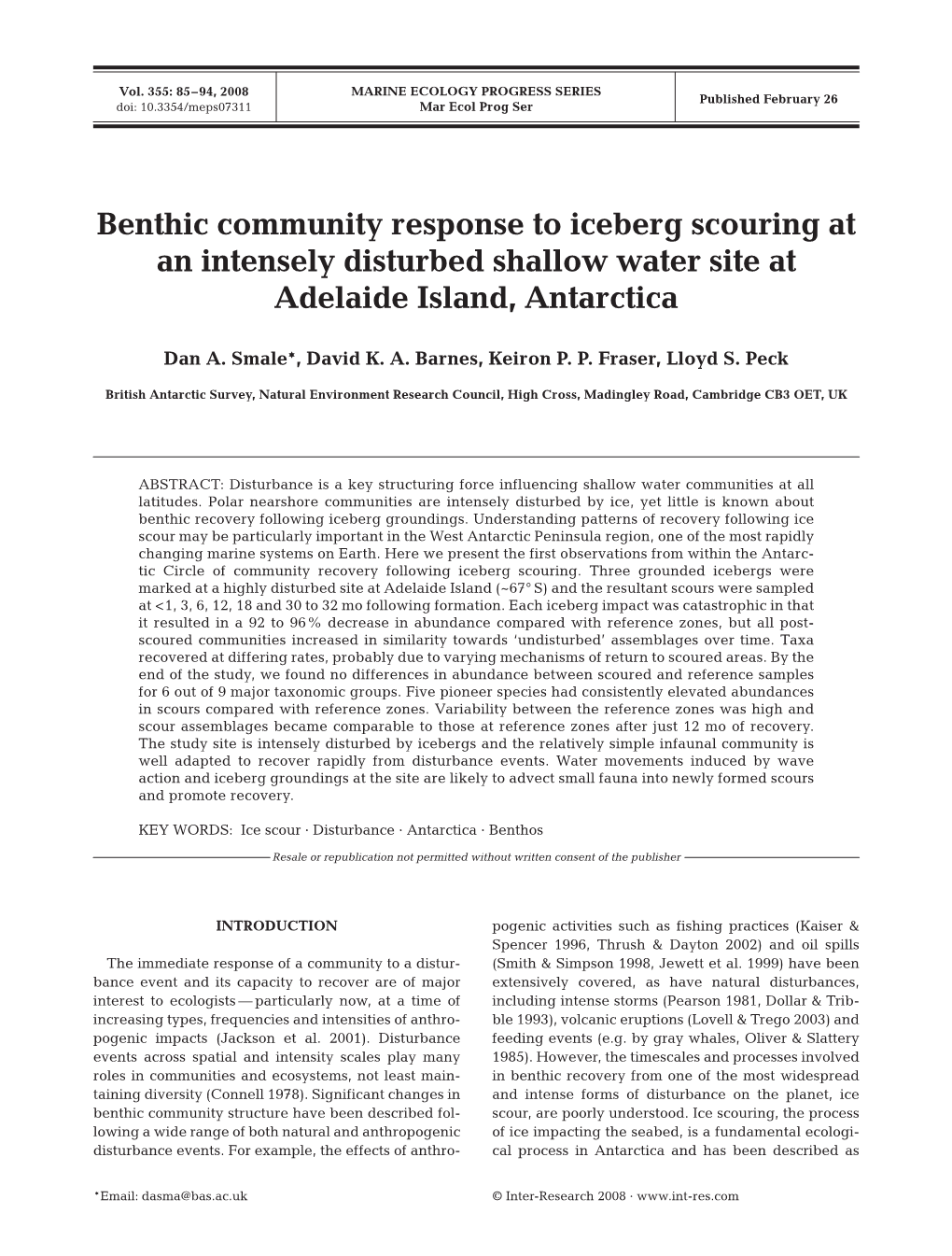 Benthic Community Response to Iceberg Scouring at an Intensely Disturbed Shallow Water Site at Adelaide Island, Antarctica