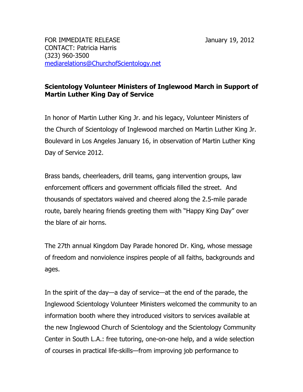 MLK Parade Press Release