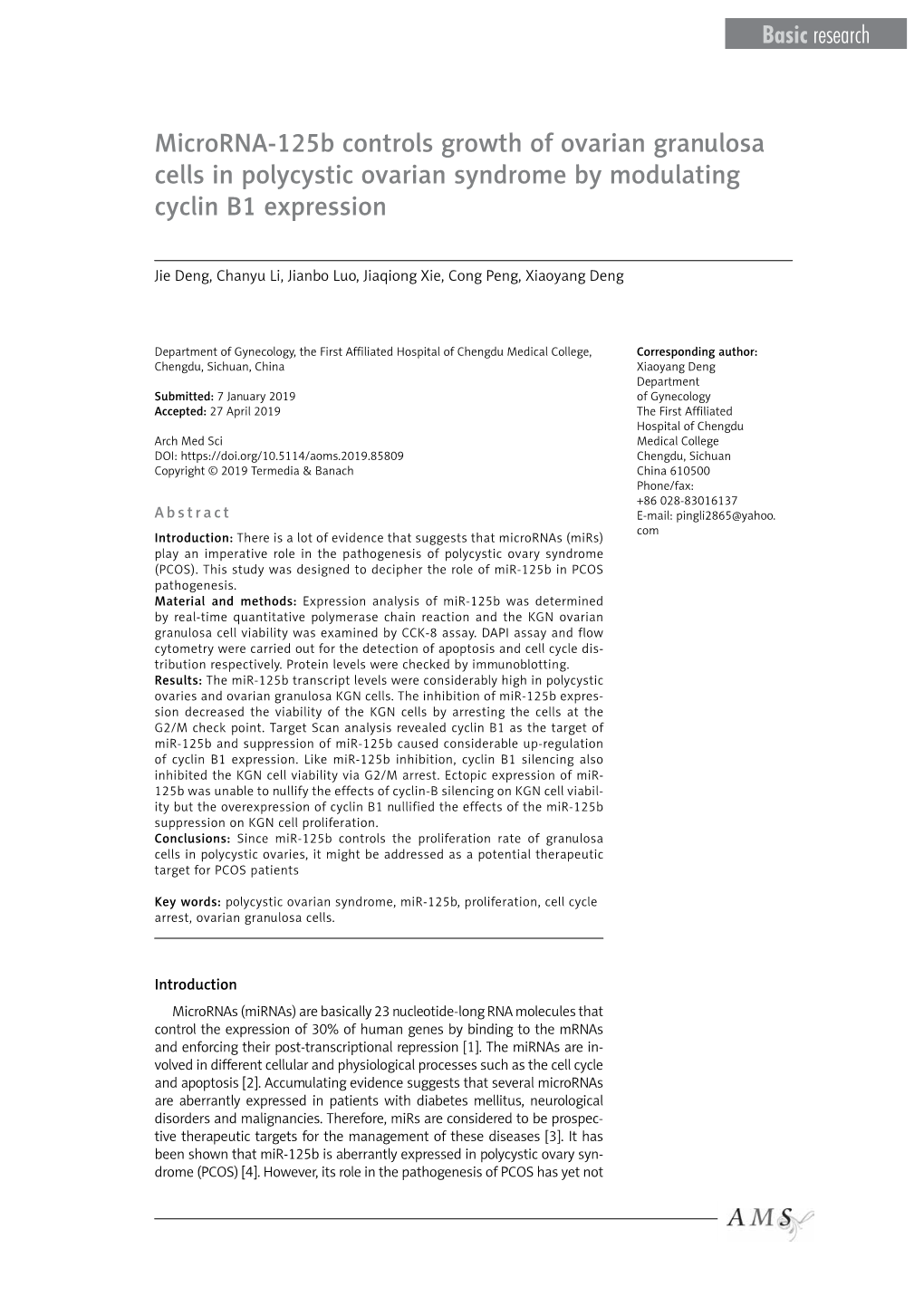 Microrna-125B Controls Growth of Ovarian Granulosa Cells in Polycystic Ovarian Syndrome by Modulating Cyclin B1 Expression