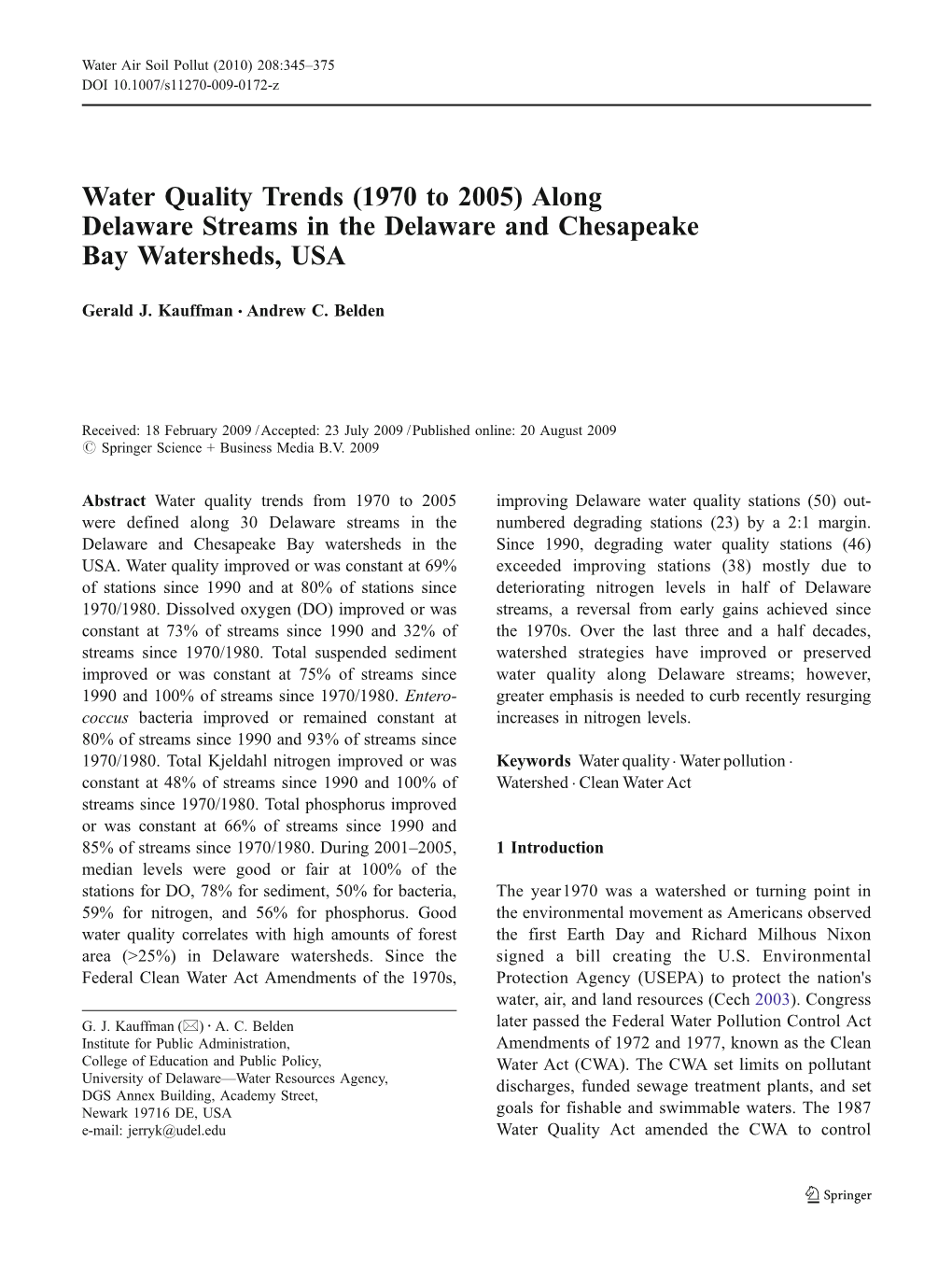 Water Quality Trends (1970 to 2005) Along Delaware Streams in the Delaware and Chesapeake Bay Watersheds, USA