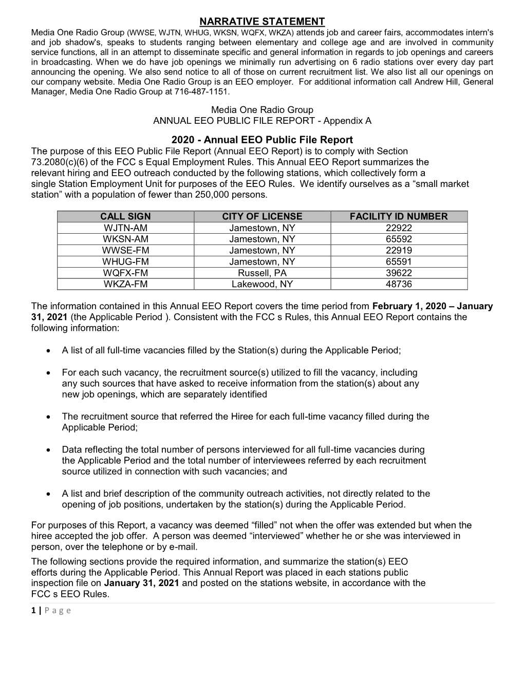 EEO Report) Is to Comply with Section 73.2080(C)(6) of the FCC S Equal Employment Rules