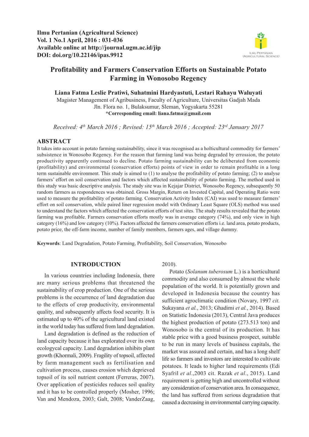Profitability and Farmers Conservation Efforts on Sustainable Potato Farming in Wonosobo Regency