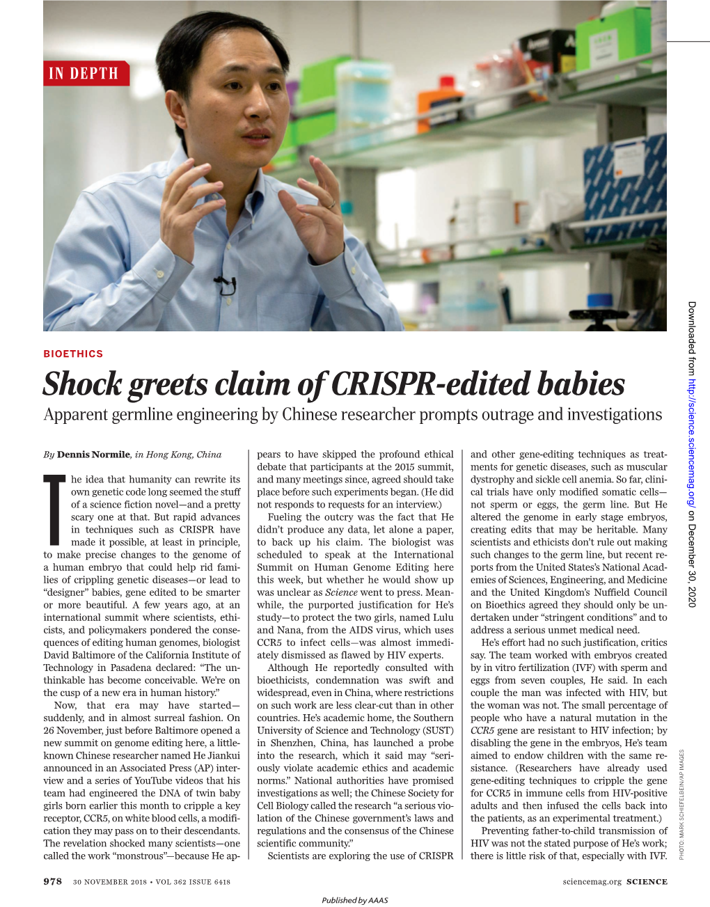 Shock Greets Claim of CRISPR-Edited Babies Apparent Germline Engineering by Chinese Researcher Prompts Outrage and Investigations