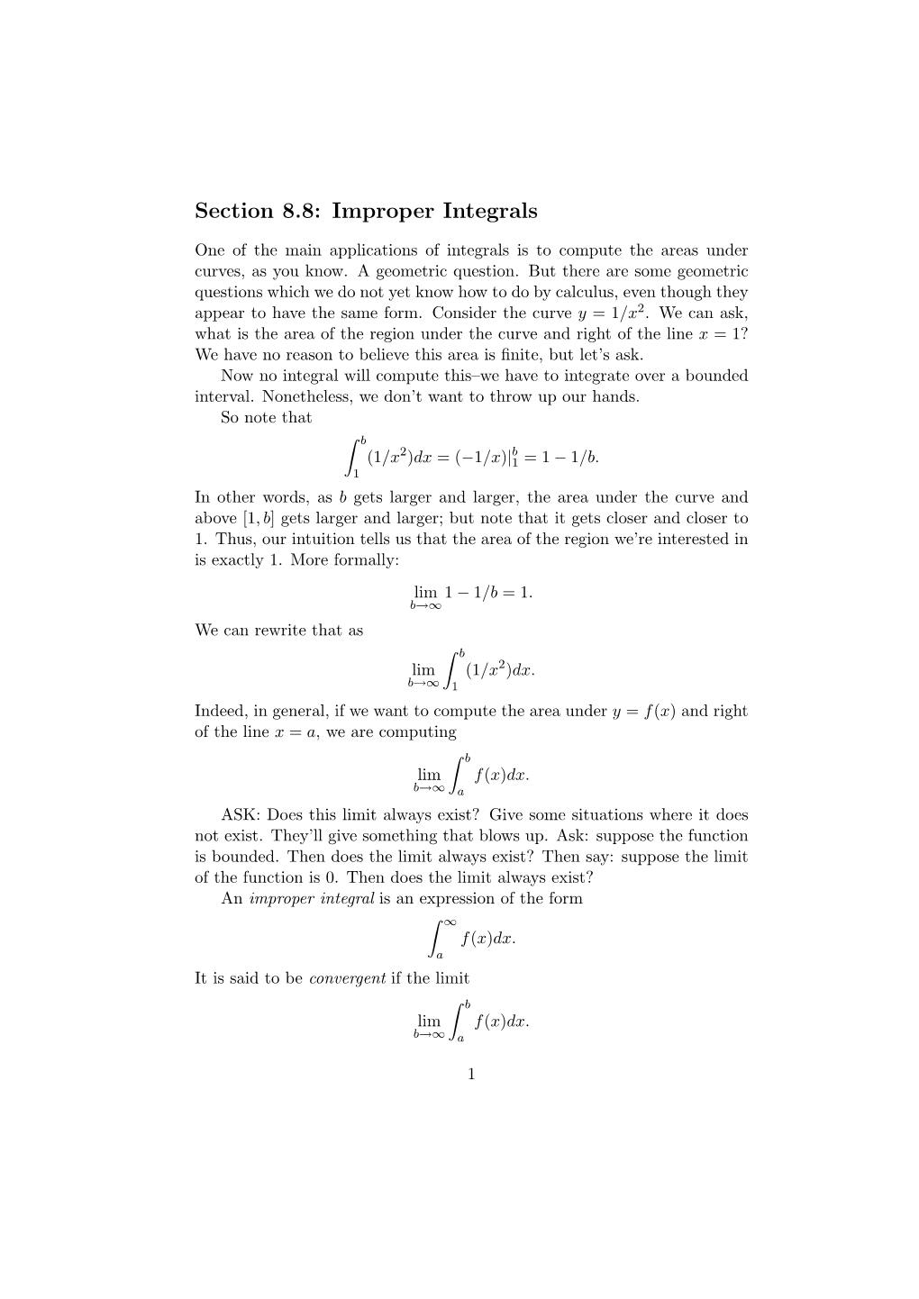 Section 8.8: Improper Integrals