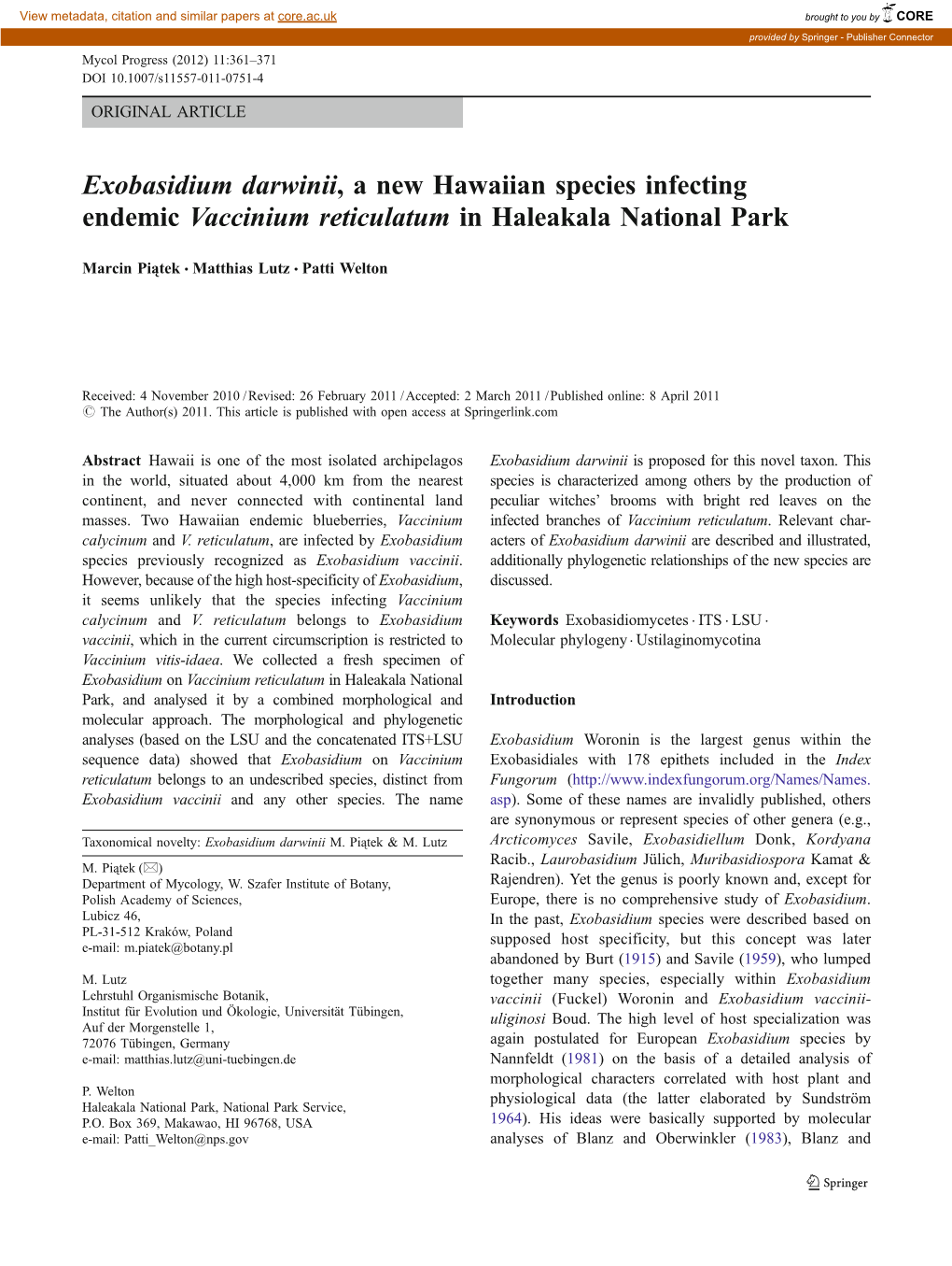 Exobasidium Darwinii, a New Hawaiian Species Infecting Endemic Vaccinium Reticulatum in Haleakala National Park