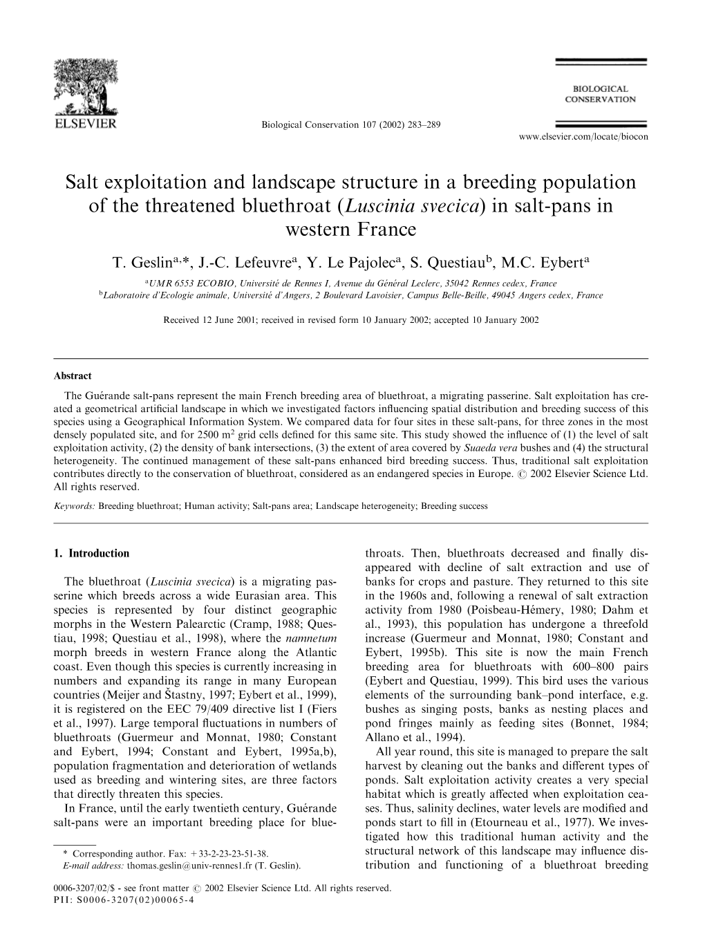 Salt Exploitation and Landscape Structure in a Breeding Population of the Threatened Bluethroat (Luscinia Svecica) in Salt-Pans in Western France