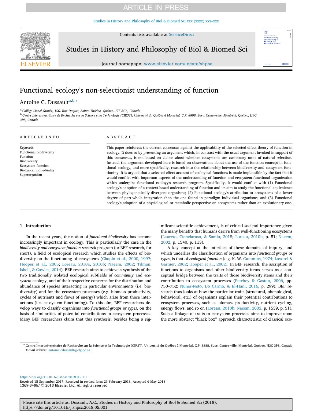 Functional Ecology's Non-Selectionist Understanding of Function