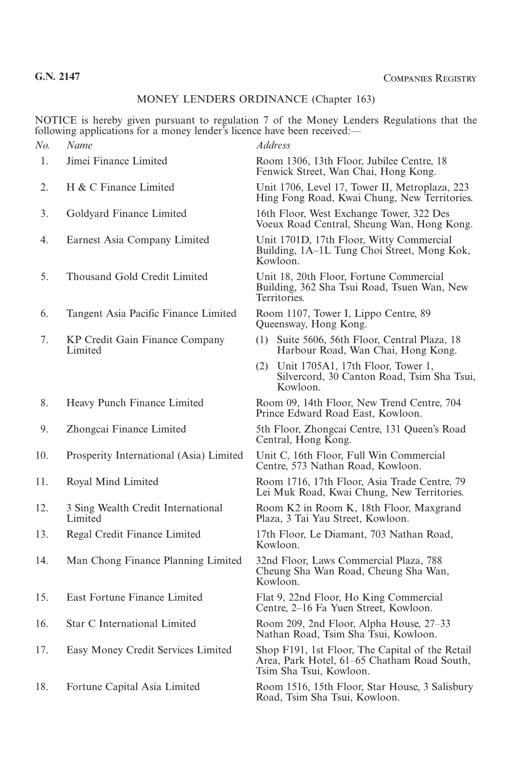 GN 2147 Companies Registry MONEY LENDERS ORDINANCE