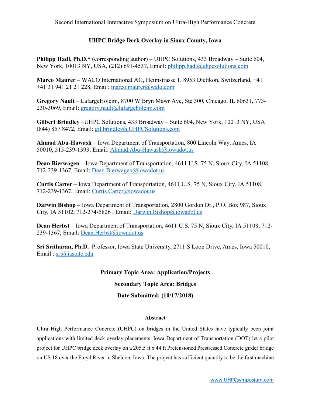 Second International Interactive Symposium on Ultra-High Performance Concrete UHPC Bridge Deck Overlay in Sioux County, Iowa Ph
